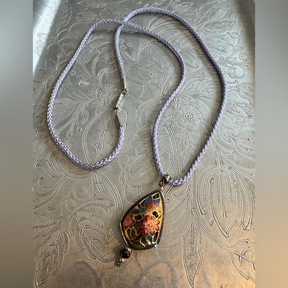 Jewelry - Floral Butterfly Cloisonnne Pendant Necklace with Purple Cord
